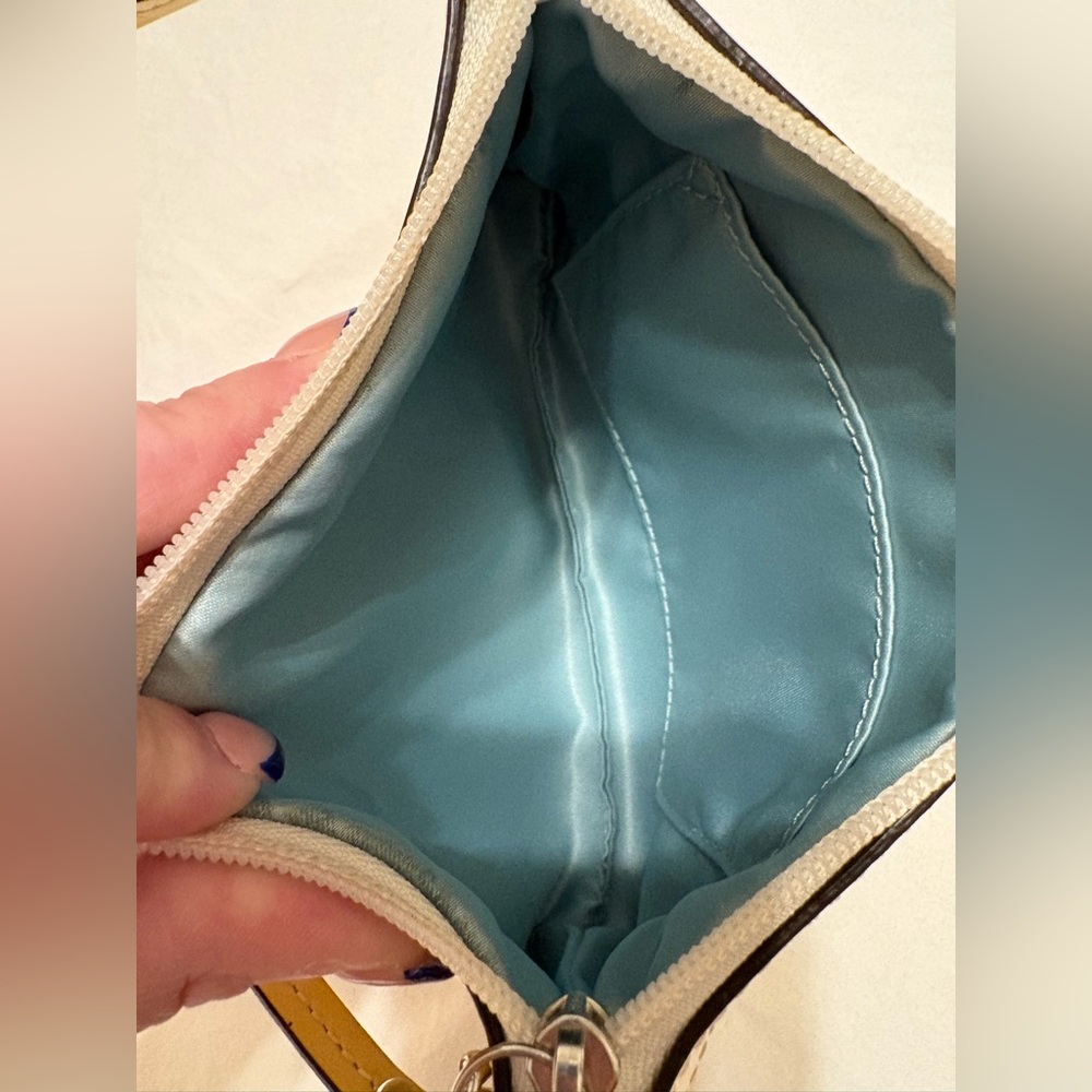 Coach Glossy Yellow Embossed Large Wristlet with Blue Satin Interior - Picture 4 of 7
